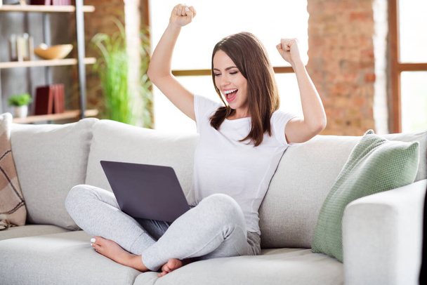 Full body profile side photo of young girl happy positive smile sit couch look laptop rejoice victory success fists hands indoors - Foto, Imagem