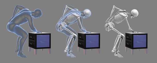 Douleurs de la colonne vertébrale humaine, maux de dos, maux de dos, illustration 3D conceptuelle montrant un ensemble de corps masculins avec ou sans squelette surligné et squelette isolé ayant un dos douloureux - Photo, image