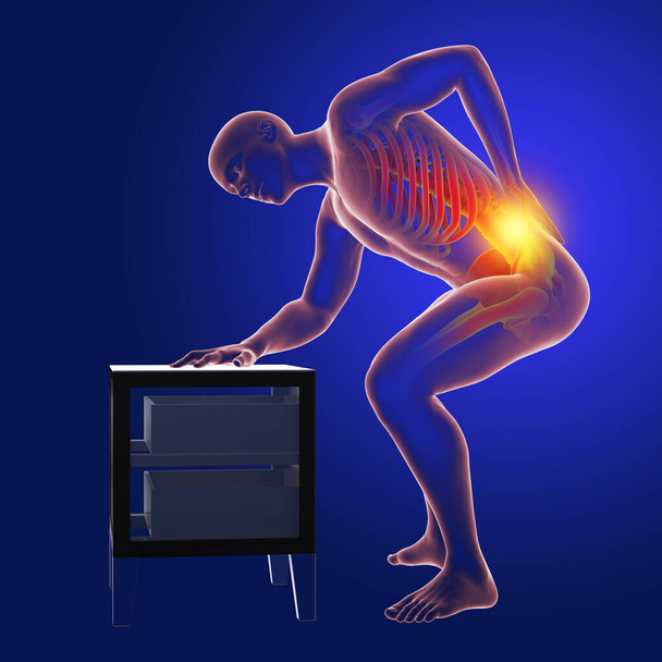 Bolest páteře, bolest zad, bolest zad, koncepční 3D ilustrace zobrazující mužské tělo se zvýrazněnou kostrou s bolestivými zády - Fotografie, Obrázek