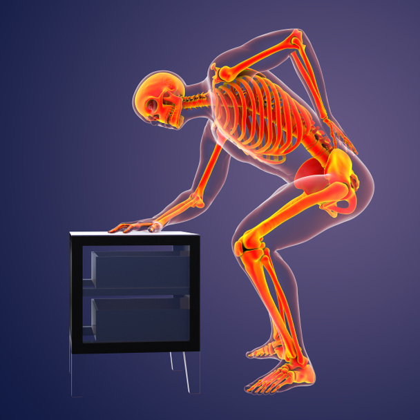 Emberi gerinc fájdalom, hátfájás, hátfájás, fogalmi 3D illusztráció mutatja férfi test kiemelt csontváz fájdalmas háta - Fotó, kép