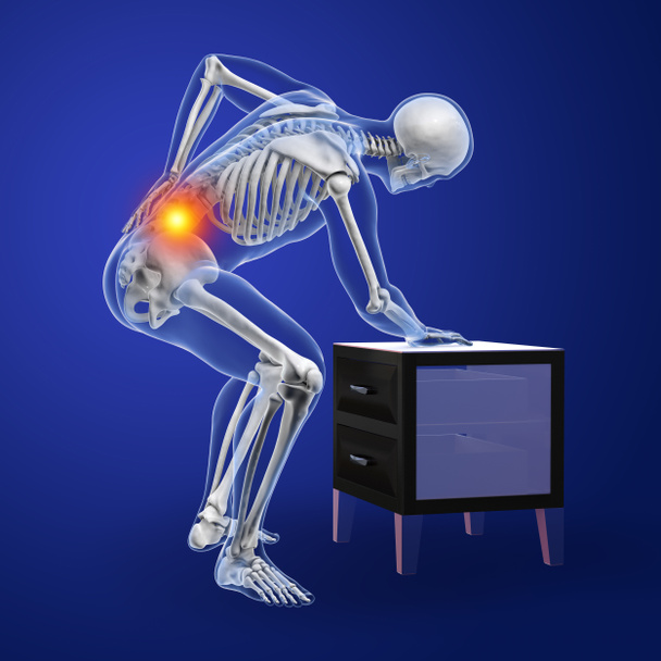 Dolore alla colonna vertebrale umana, mal di schiena, mal di schiena, illustrazione concettuale 3D che mostra il corpo maschile con scheletro evidenziato con schiena dolorante - Foto, immagini
