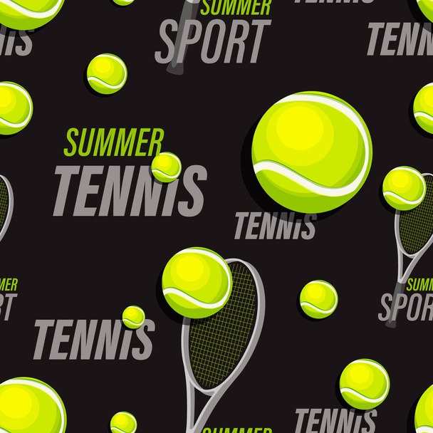 テニスだ。夏の試合だ。スポーツの背景。大きな資本金の手紙、ボールと黒のラケット. - ベクター画像