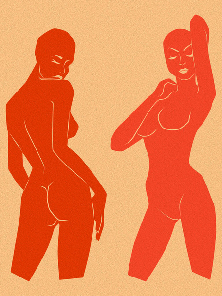 Deux silhouettes abstraites de belles et gracieuses femmes aux yeux fermés isolées sur le fond sourd - Photo, image