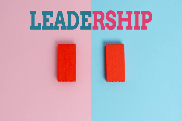 Text sign showing Leadership. Internet Concept art of motivating to act toward achieving a common goal Two Objects Arranged Facing Inward Outward On a Separated Coloured Background - Photo, Image