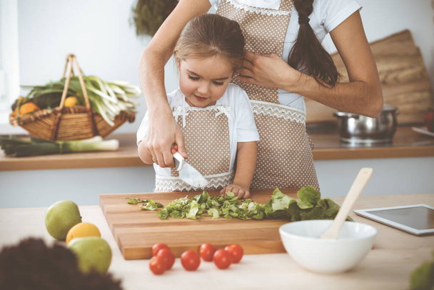 Happy woman and her daughter making healthy vegan salad and snacks for family feasting. Christmas, New year, Thanksgiving, Anniversary, Mothers Day. Healthy meal cooking concept. - 写真・画像