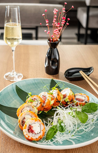 sushi and fizz in the restaurant - Photo, image