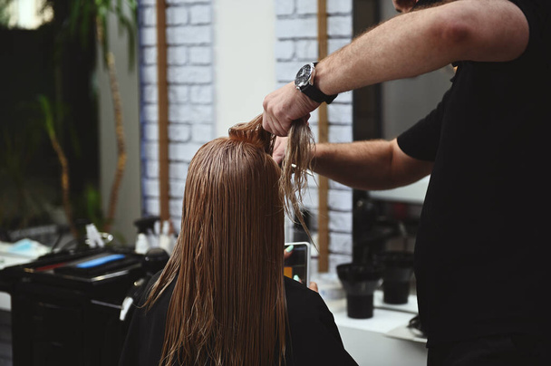 Профессиональный парикмахер расчесывает длинные влажные волосы клиента салона красоты, чтобы выровнять концы волос.. - Фото, изображение