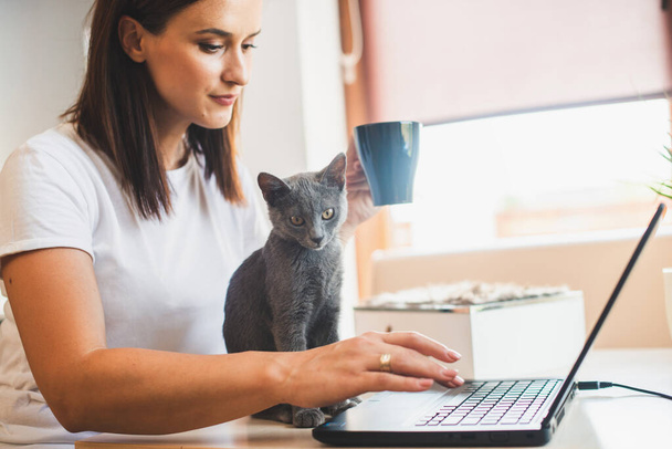 Beyaz tişörtlü genç bir kadın kucağında kedisiyle evdeki tahta masada dizüstü bilgisayar ve defterle oturuyor. - Fotoğraf, Görsel