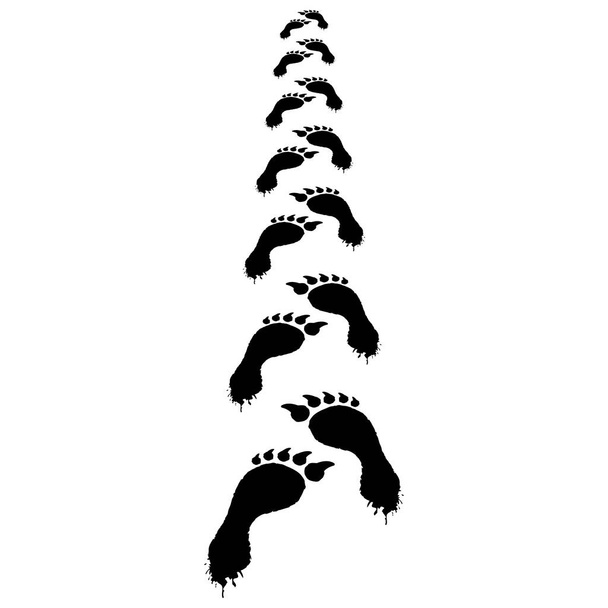 Łańcuch czarnych pazurów śladów strasznego wilkołaka. Ślady złego mutanta w śniegu - Wektor, obraz
