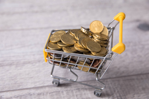 coin in shopping cart on wood tabl - Valokuva, kuva