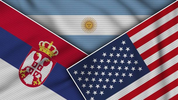 Argentyna Stany Zjednoczone Ameryki Serbia Flagi Razem Fabric Texture Effect Illustration - Zdjęcie, obraz