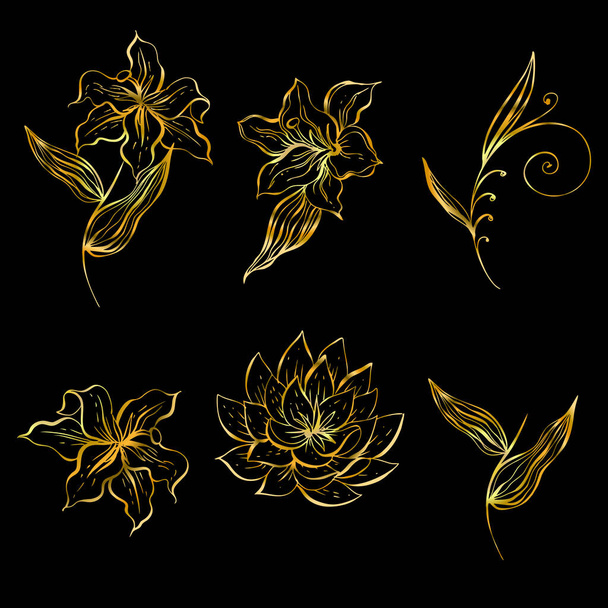 Ένα σετ γραμμικών λουλουδιών για διακόσμηση σε χρυσό χρώμα. Διάνυσμα. - Διάνυσμα, εικόνα