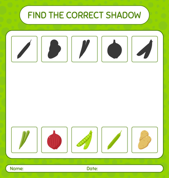 Trova il gioco di ombre corretto con le verdure. foglio di lavoro per bambini in età prescolare, foglio di attività per bambini - Vettoriali, immagini