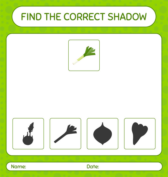 Encontrar el juego correcto sombras con puerro. hoja de trabajo para niños preescolares, hoja de actividades para niños - Vector, Imagen