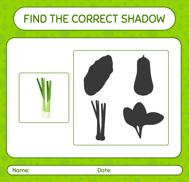 Encontrar el juego de sombras correcta con cebolla de primavera. hoja de trabajo para niños preescolares, hoja de actividades para niños - Vector, Imagen
