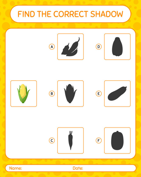 Encontrar el juego de sombras correcta con maíz. hoja de trabajo para niños preescolares, hoja de actividades para niños - Vector, Imagen