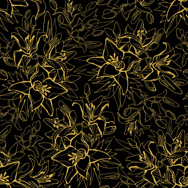 Golden outline of flowers Lily drawn by hand on black background. - Vetor, Imagem