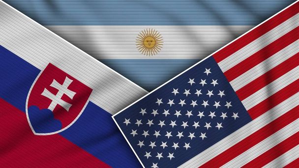Argentyna Stany Zjednoczone Ameryki Słowacja Flagi Razem Fabric Texture Effect Illustration - Zdjęcie, obraz