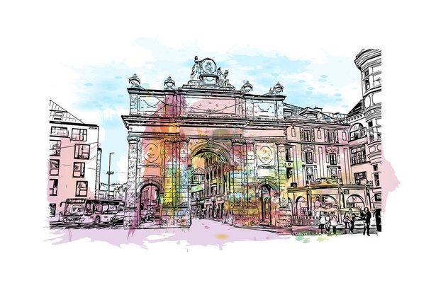 Vytisknout Pohled na budovu s orientačním bodem Innsbruck je město v Rakousku. Akvarelové stříknutí s ručně kresleným náčrtem ilustrace ve vektoru. - Vektor, obrázek