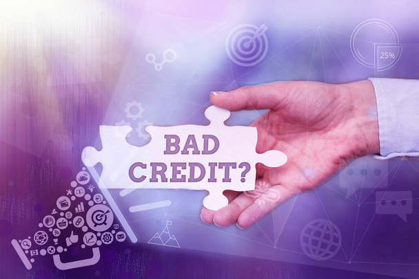 Handwriting text Bad Credit Question. Business approach a bad credit score due to nonpayment of loans Hand Holding Jigsaw Puzzle Piece Unlocking New Futuristic Technologies. - Photo, Image
