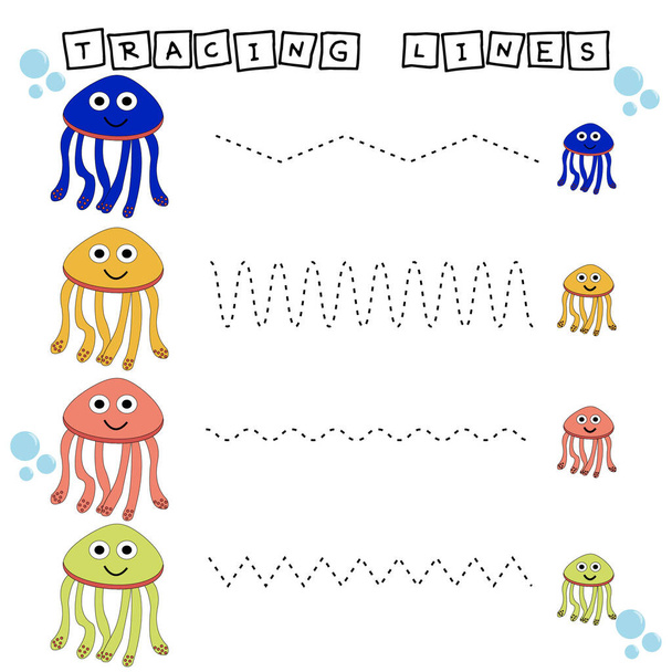 Rastreando líneas de juego con medusas divertidas. Hoja de trabajo para niños preescolares, hoja de actividades para niños, hoja de trabajo imprimible - Foto, Imagen