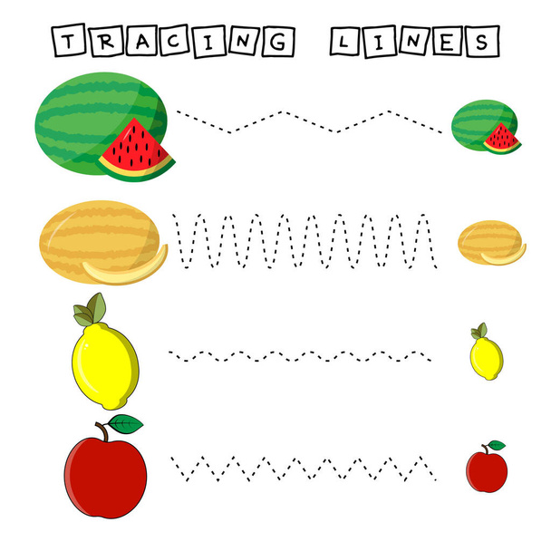 Trace line worksheet with fruites for kids, practicing fine motor skills.  Educational game for preschool children.  - Photo, Image