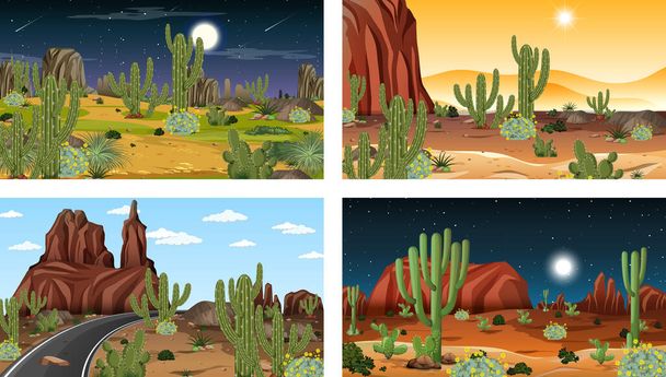 Different scenes with desert forest landscape with animals and plants illustration - Vector, Image