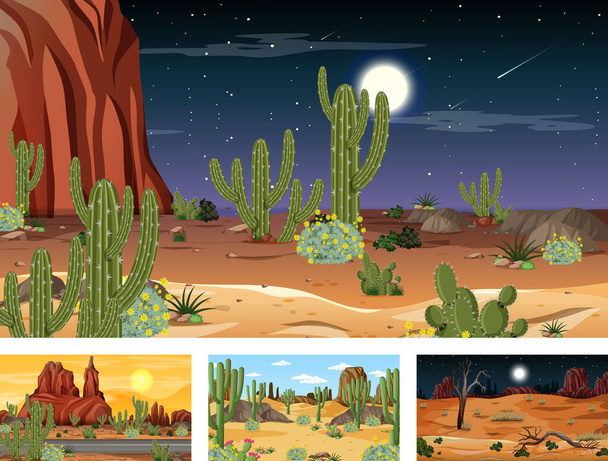 様々な砂漠植物図と異なる砂漠の森の風景シーン - ベクター画像