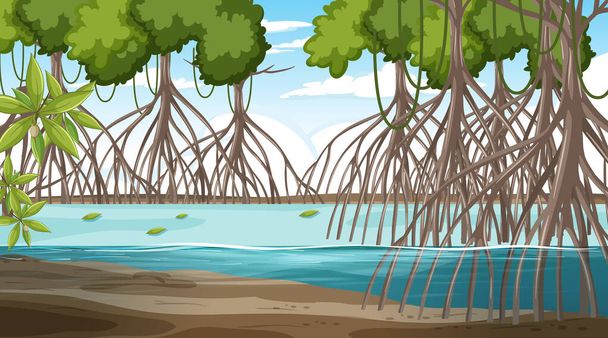 Дневная иллюстрация пейзажа мангровых лесов - Вектор,изображение