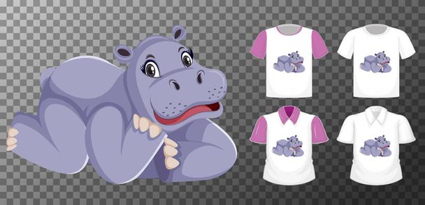 Hipopótamo en posición de colocación personaje de dibujos animados con muchos tipos de camisas sobre fondo transparente ilustración - Vector, imagen