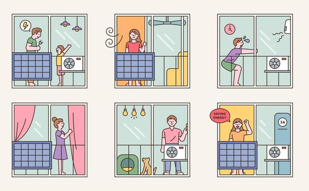 Many neighbors in the apartment. Solar panels are installed to save electricity. outline simple vector illustration. - Vector, Image