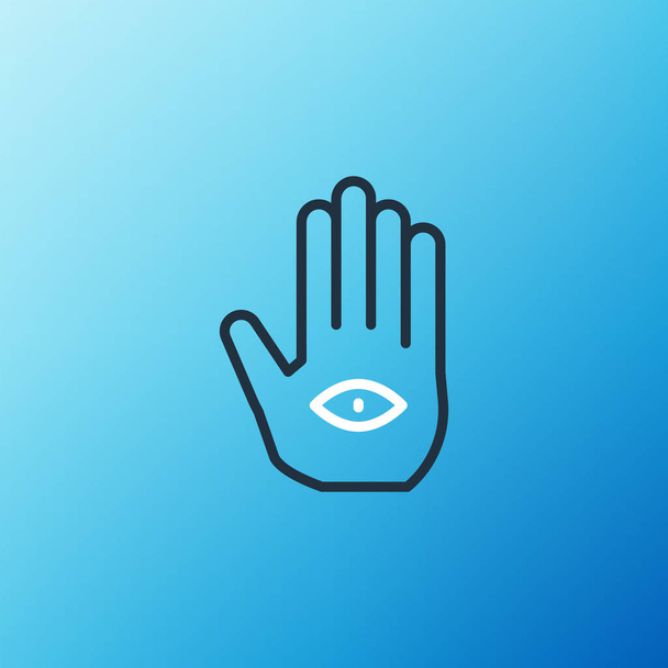 Linia Ręczna ikona Hamsa izolowana na niebieskim tle. Ręka Fatimy - amulet, symbol ochrony przed diabelskim okiem. Kolorowy koncept. Wektor - Wektor, obraz