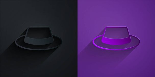 Paper cut Man hat with ribbon icon isolated on black on purple background. Paper art style. Vector - Vector, Image