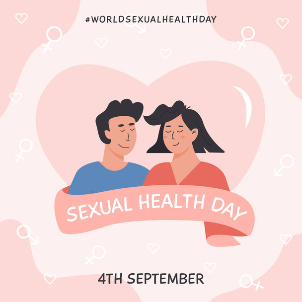 World Sexual Health Day Square Card. Couple in love. Sex education. Contraceptive methods in reproductive health. Safe sexual behavior, birth fertility control. Vector Banner in flat cartoon style.  - ベクター画像
