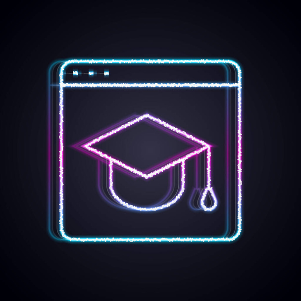 Parlayan neon hattı Online eğitim ve mezuniyet ikonu siyah arka planda izole edildi. İnternetteki öğretmen monitörde. Giyinme ve video semineri öğrenme. Vektör - Vektör, Görsel