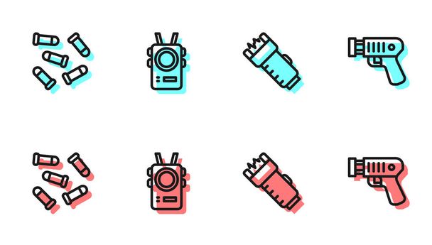 Set line Police electric shocker, Bullet, body camera and icon. Vector - Vector, Image