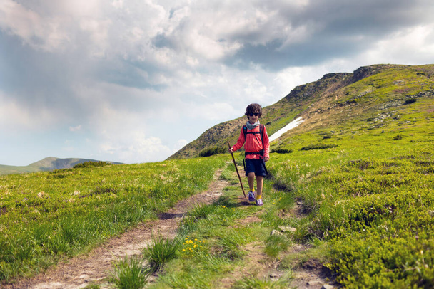 boy with a backpack walks along a mountain trail. rest at nature. children's camp - Photo, image