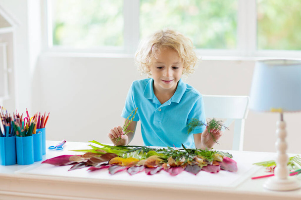 Child creating picture with colorful leaves. Art and crafts for kids. Little boy making collage image with rainbow plant leaf. Biology homework for young school student. Creative autumn home fun. - Photo, Image