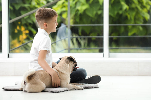 Boy with his cute pug near window indoors. Space for text - Foto, Imagem