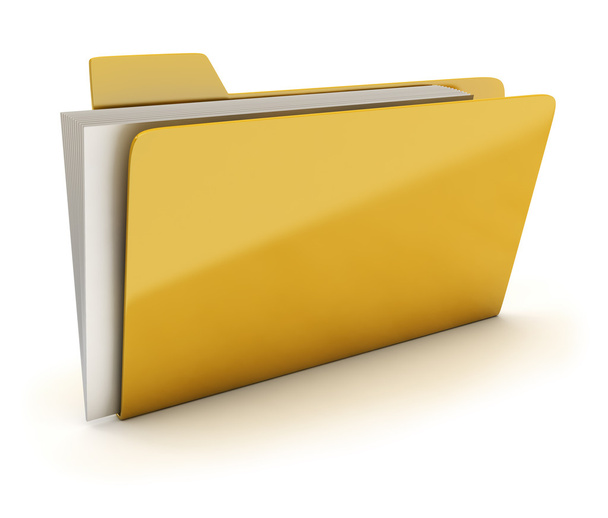 Yellow brilliant folder with documents. 3d image. Isolated white background. - Photo, Image