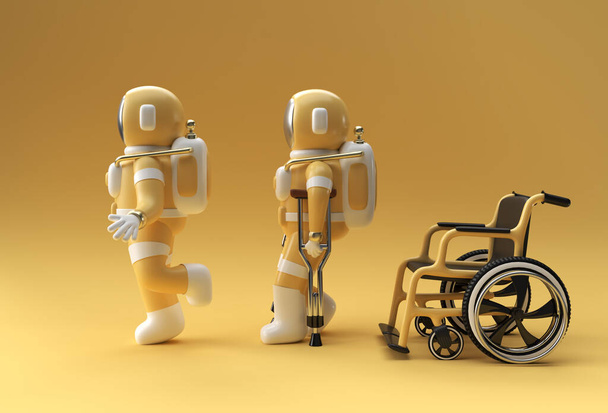 3D Render Astronauta Discapacitado Usando muletas para caminar con Weelchair Diseño de Ilustración 3D. - Foto, Imagen