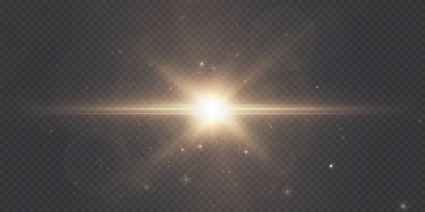 Gold horizontal lens flares pack. Laser beams, horizontal light rays. Beautiful light flares. Glowing streaks on light background. Luminous abstract sparkling lined background. - Vector, Image
