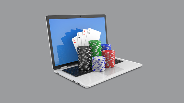 Casino žetony a hrací karty na notebooku, online kasino koncept. Hazardní žetony poker peníze na notebooku. 3D vykreslování - Fotografie, Obrázek