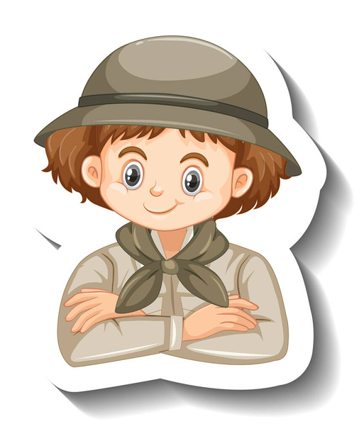 Girl wearing safari outfit cartoon character sticker illustration - Vector, Image