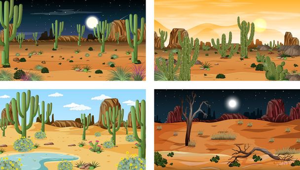 Различные пейзажи пустынных лесов с различными иллюстрациями растений пустыни - Вектор,изображение