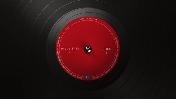 Fekete bakelit lemez egy lemezjátszón. Fekete vinil háttér piros matricával a szöveg közepén. DJ, Disco Trends 60-as, 90-es évekbeli. 3D renderelés. - Fotó, kép