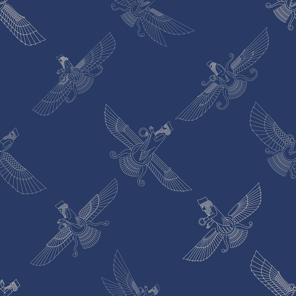 Seamless pattern with ancient  sumerian symbol Faravahar for your project - Вектор,изображение