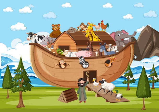Tiere auf der Arche Noah in der Szene des Ozeans Illustration - Vektor, Bild