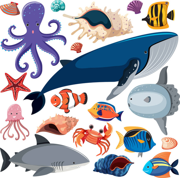 海の動物のキャラクターイラストと漫画海の生活シームレスパターン - ベクター画像