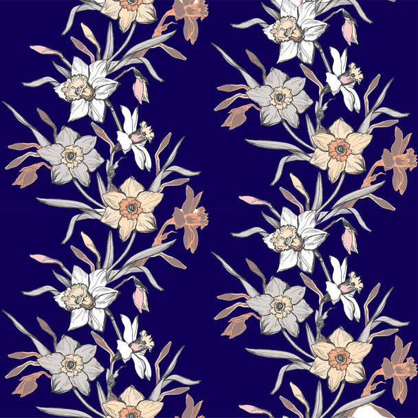 Floral seamless pattern with hand drawn flowers daffodils on indigo.  - Vector, Imagen